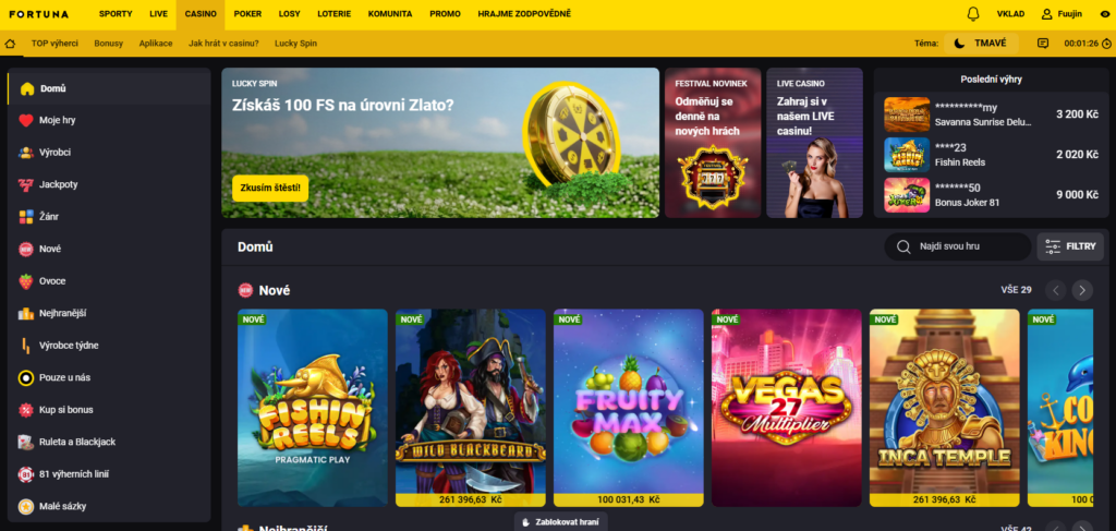 Nabídka automatů v online casinu Fortuna