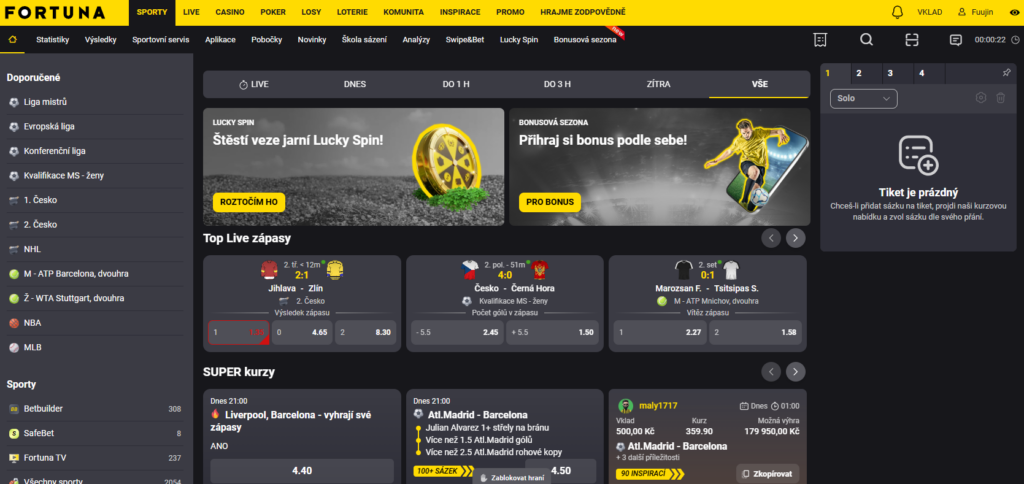 Hlavní lobby v online casinu Fortuna